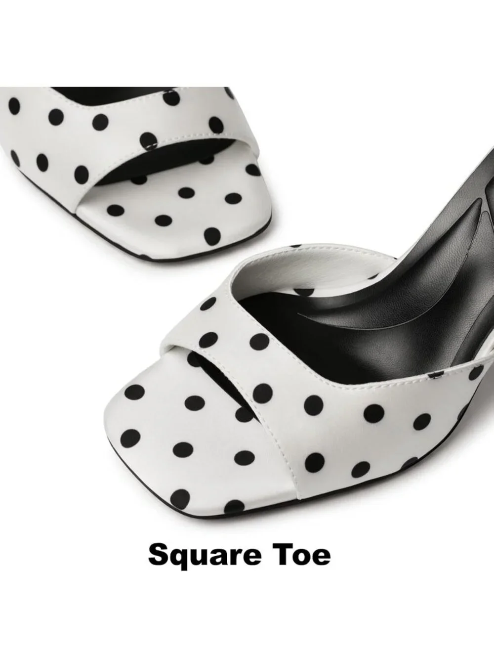 Women's White Polka Dots Summer Square Toe Slingback Sexy Backless Heeled Sandal